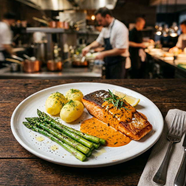 炙烤鮭魚排附英式馬鈴薯與 Choron 醬汁