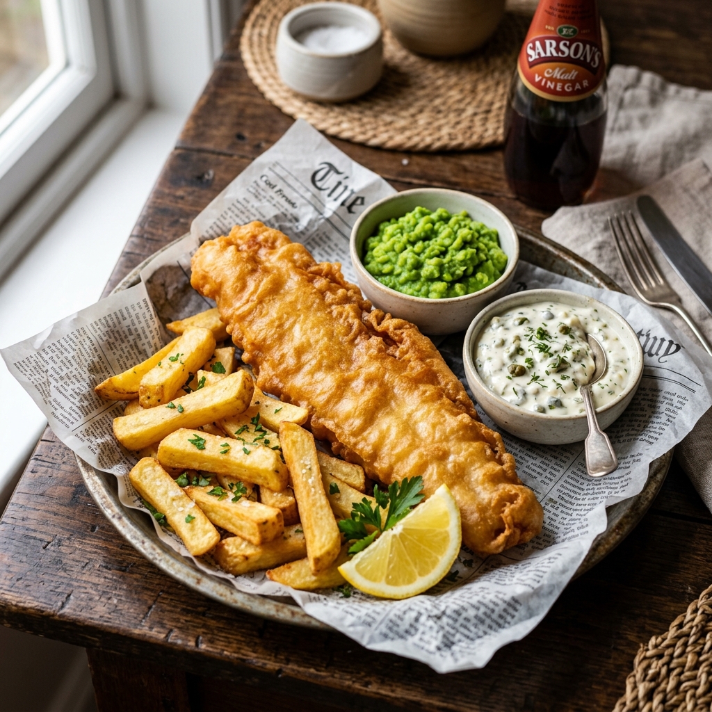 炸魚薯條附青豆泥與塔塔醬