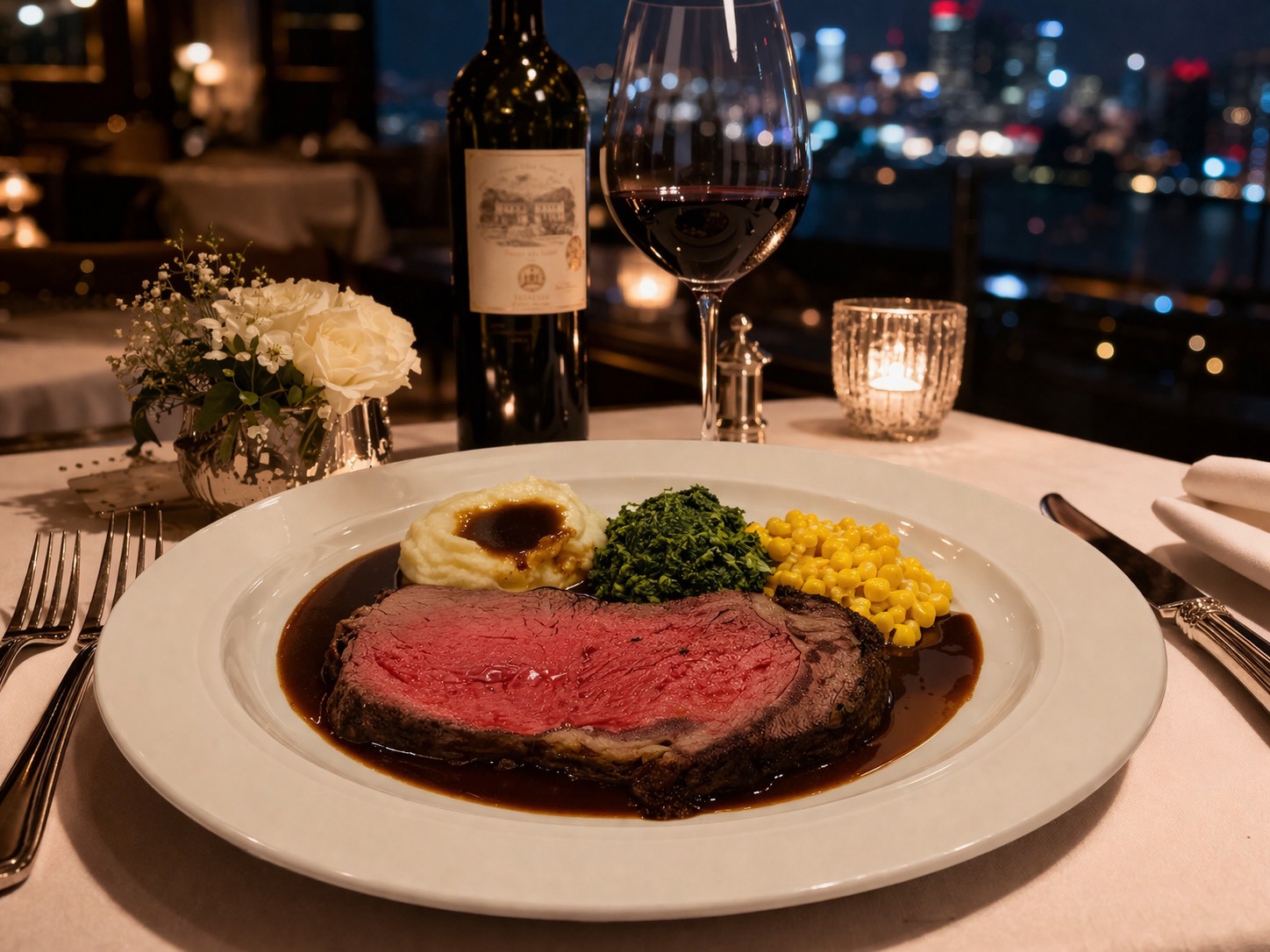 煎烤沙朗牛排附馬鈴薯泥，奶油玉米，奶油菠菜