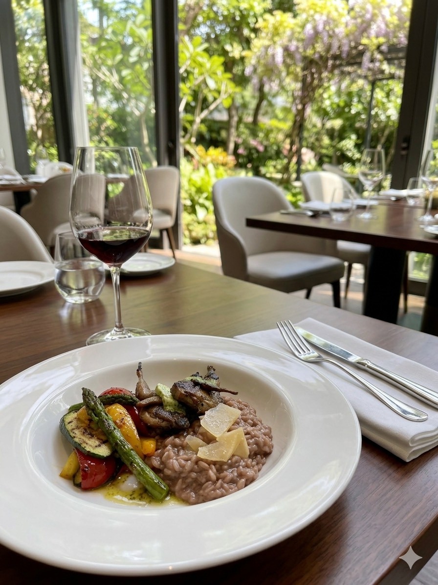 紅酒起司燉飯附炙烤鵪鶉，蔬菜與檸檬香菜奶油 (Red Wine Risotto with Grilled Quail, Vegetables & Lime Coriander Butter)