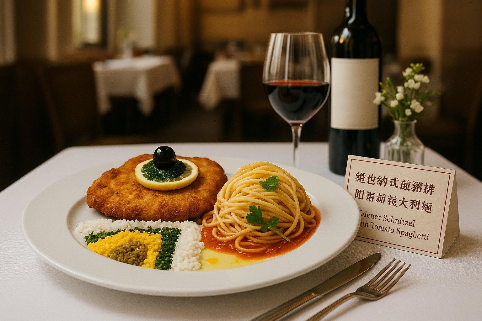 維也納式煎豬排附番茄義大利麵 (Pork Escalope à la viennoise)